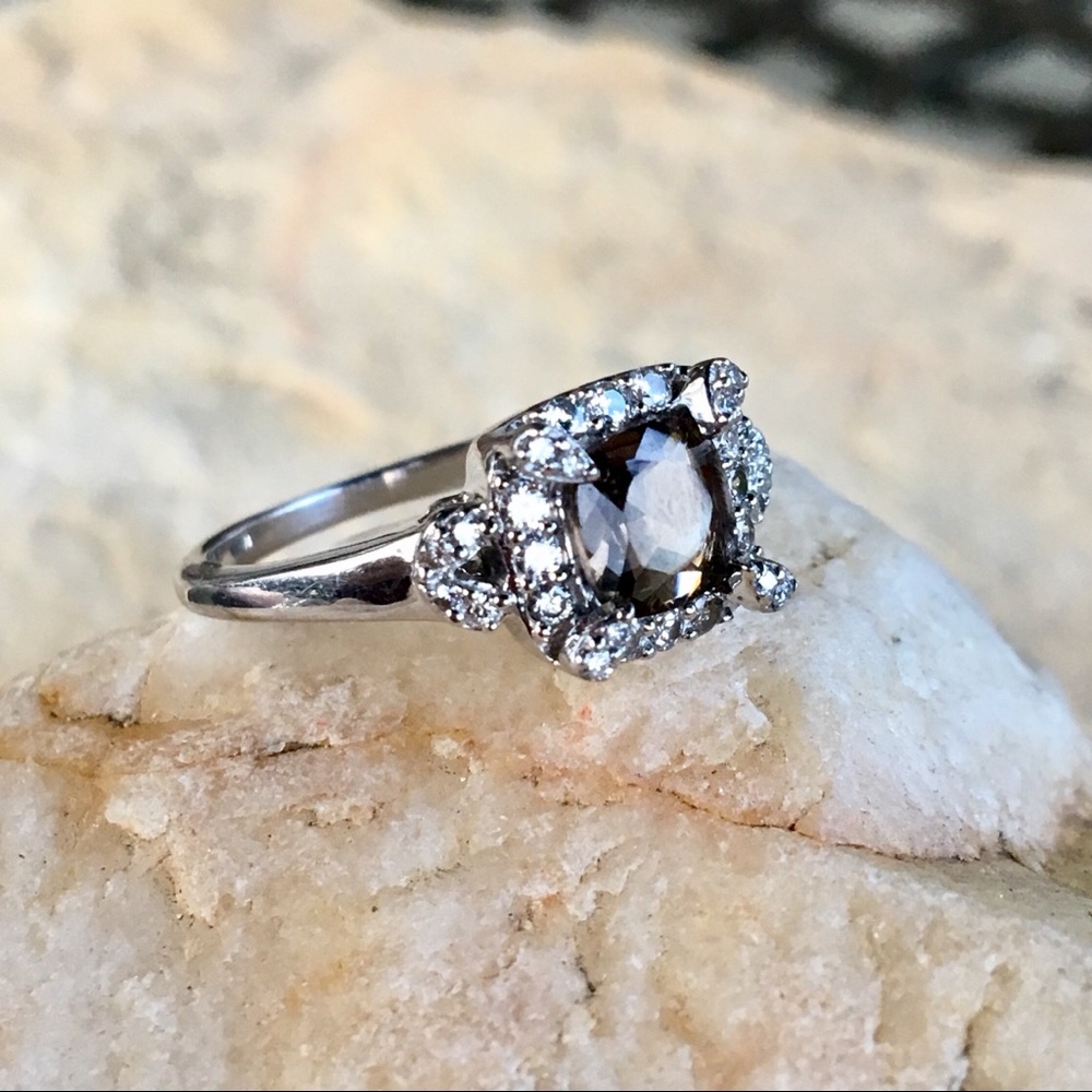 Smoky quartz + white topaz sterling ring